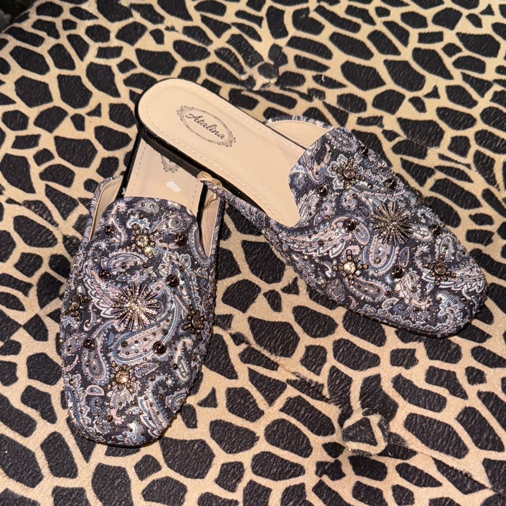 Aldo Embroidered Mules in Black and Gray